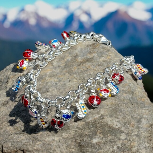 🌺Vintage Sterling & Enamel Charm Bracelet - Picture 9 of 11